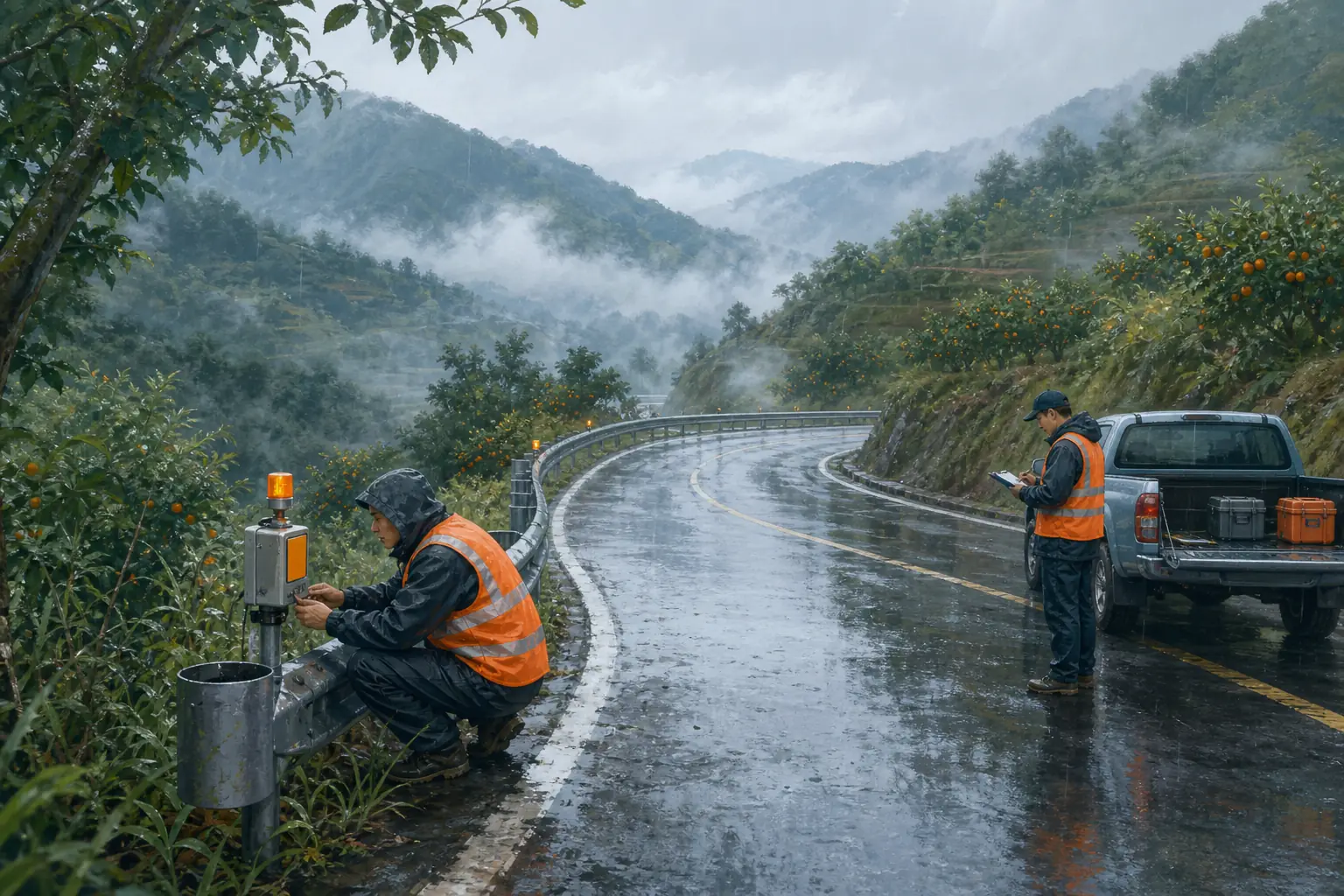 雨雾山路中的设备户外验证
