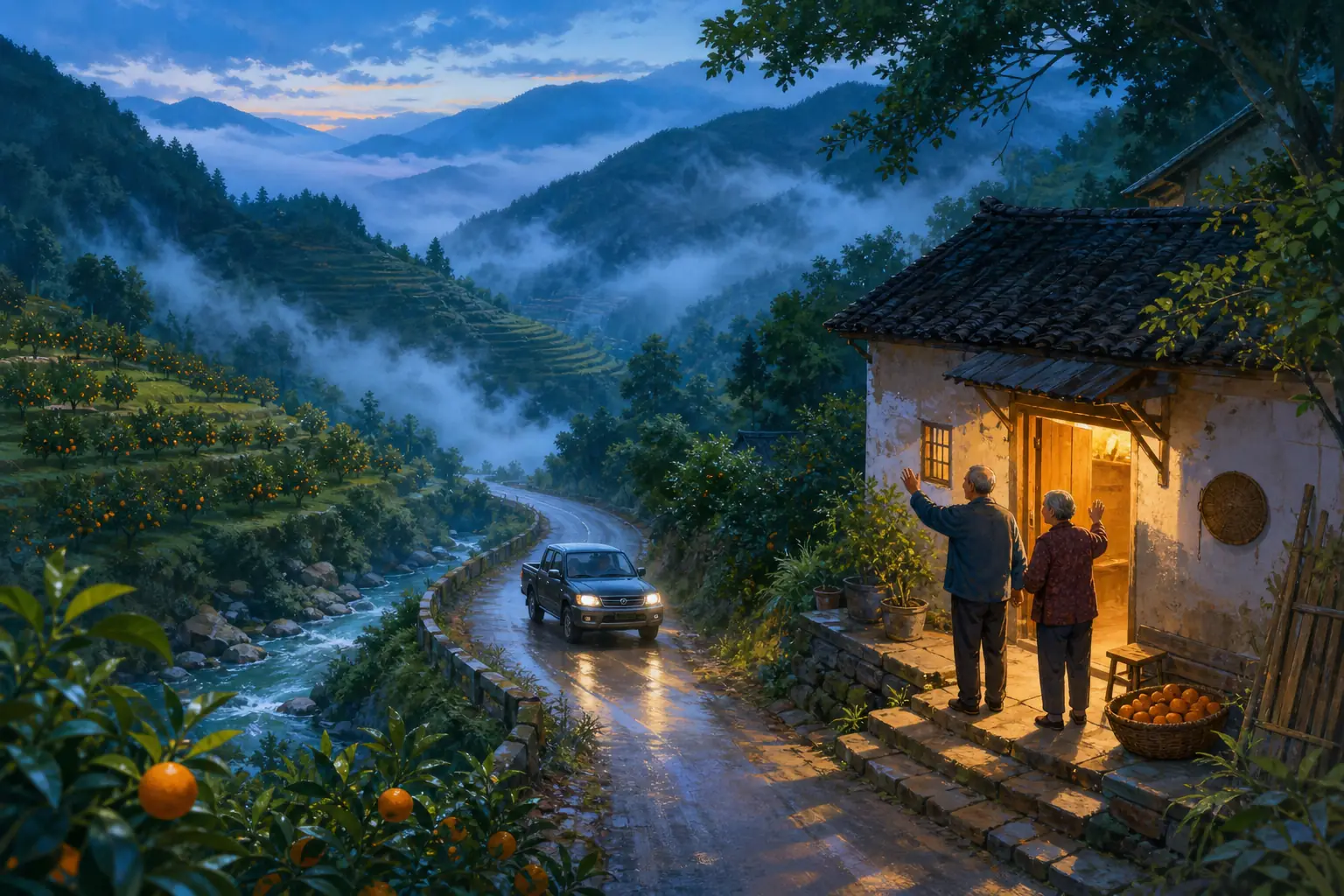 雾色山路上的归途与老屋守候
